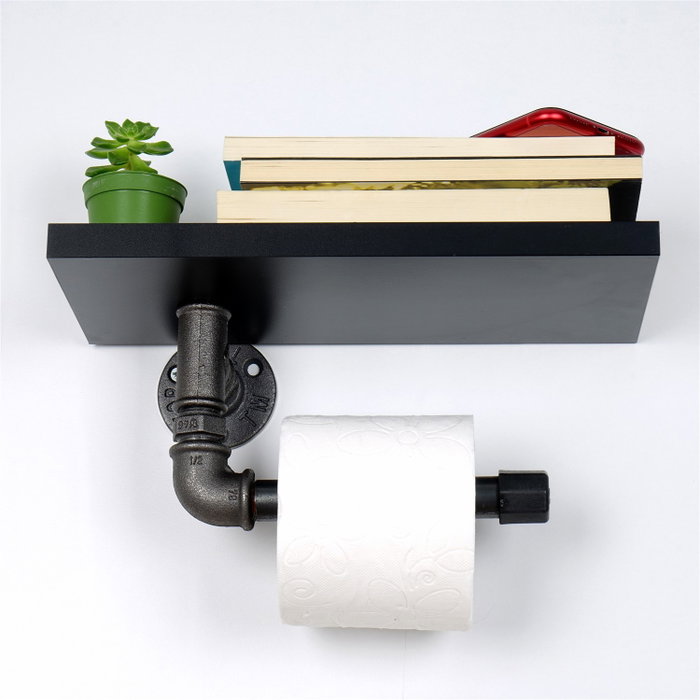 Hanah Home Boruraf239 Portarrollos de Papel Higiénico MDF Negro y Plata Montaje en Pared 30x12x23 cm
